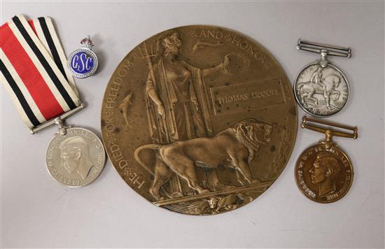 A death plaque, two WW medals and a Special Constable medal